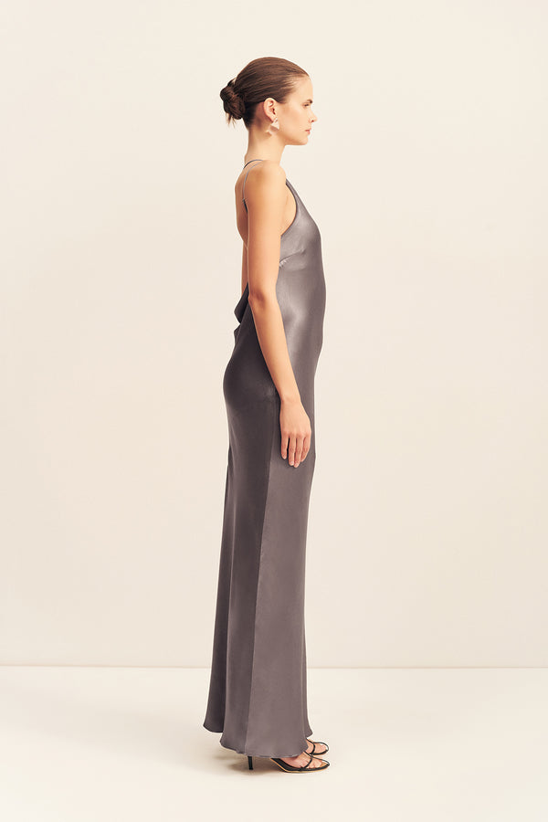 LA LUNE ONE SHOULDER COWL BACK MAXI DRESS - GRAPHITE