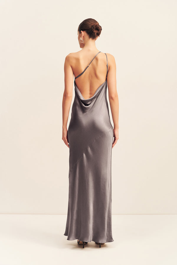 LA LUNE ONE SHOULDER COWL BACK MAXI DRESS - GRAPHITE