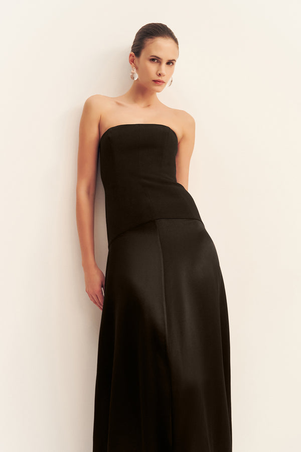 ADRI STRAPLESS PANELLED MAXI DRESS - BLACK
