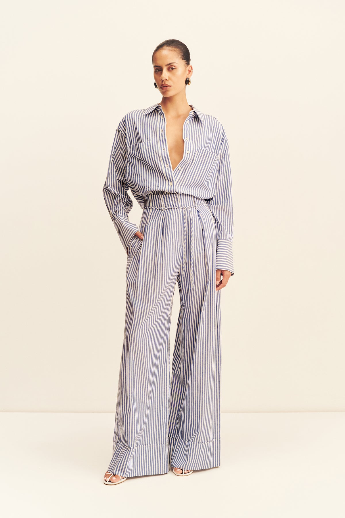 Yasmine Belted Pant | Chambray Blue/Ivory | Pants | Shona Joy
