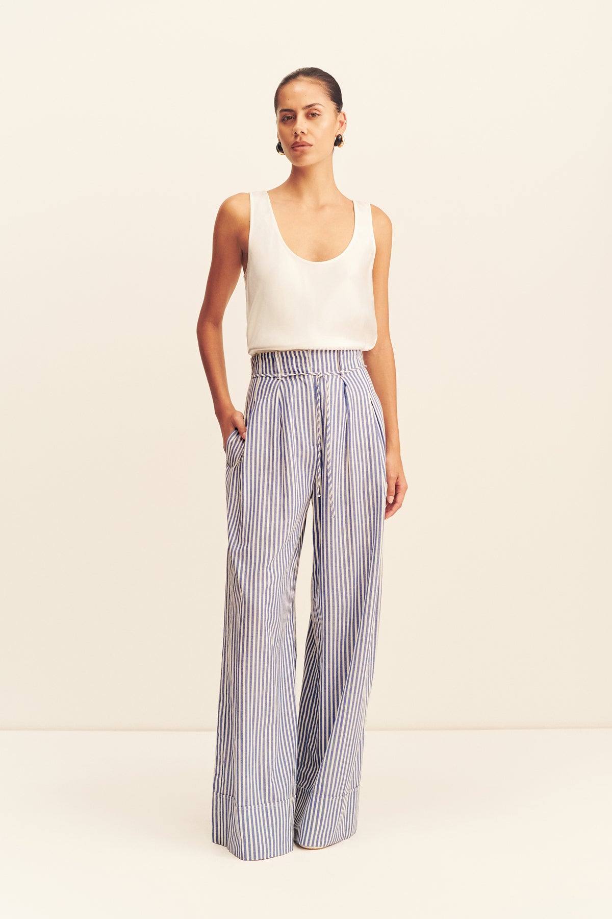 Yasmine Belted Pant | Chambray Blue/Ivory | Pants | Shona Joy