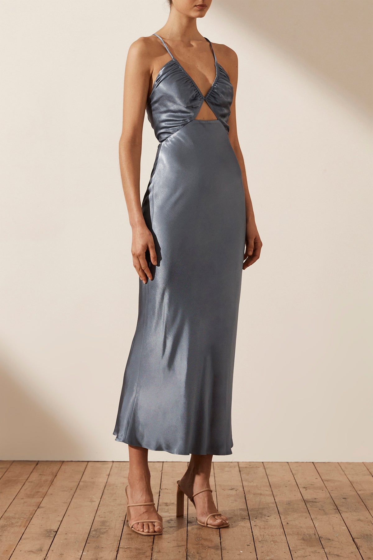 Luxe Strapless Ruched Bodice Midi Dress, Azure, Dresses
