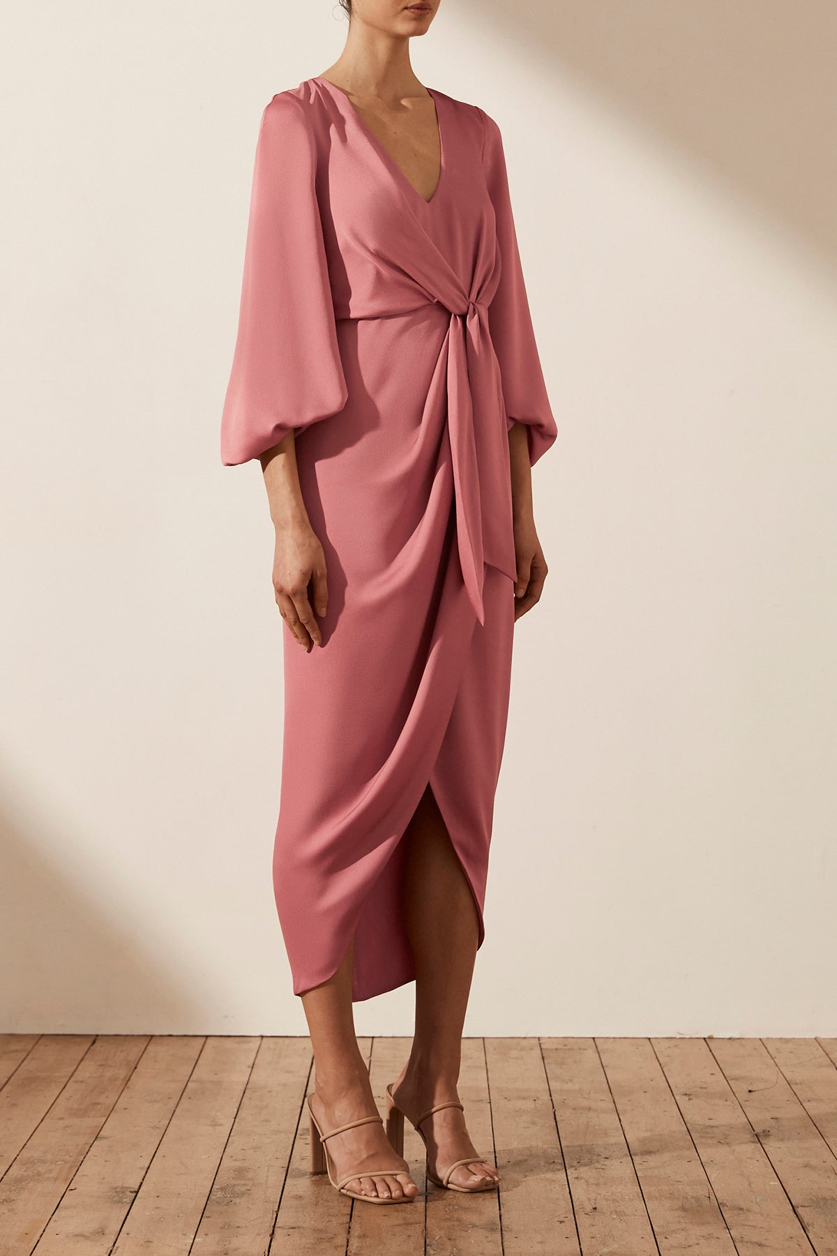 Luxe Tie Front Balloon Sleeve Midi Dress Rose Dresses Shona