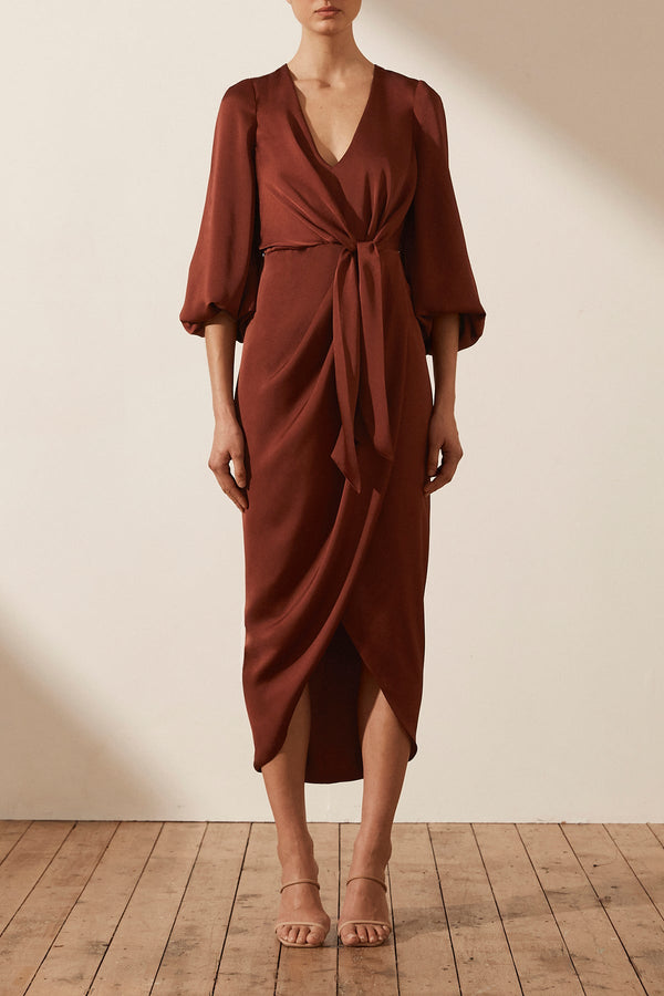 Luxe Tie Front Balloon Sleeve Midi Dress Sangria Dresses