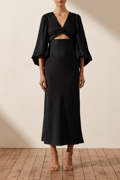 Luxe Twist Front Balloon Sleeve Midi Dress | Onyx | Dresses