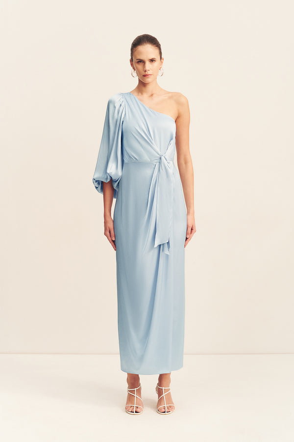 LUMIERE TIE FRONT ONE SHOULDER MIDI DRESS - CLOUD DRIFT_F