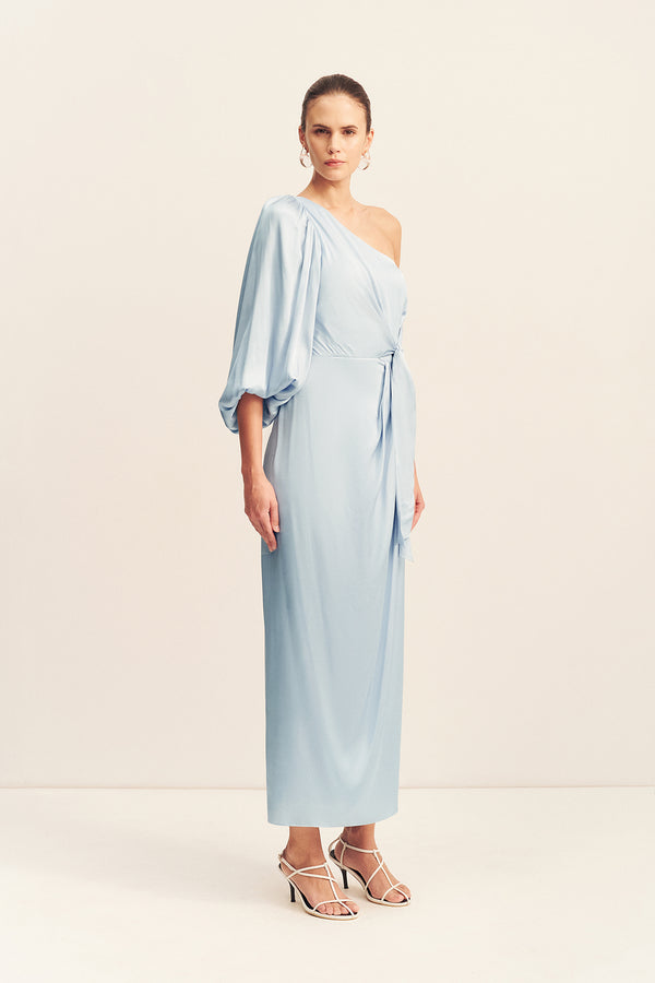 LUMIERE TIE FRONT ONE SHOULDER MIDI DRESS - CLOUD DRIFT