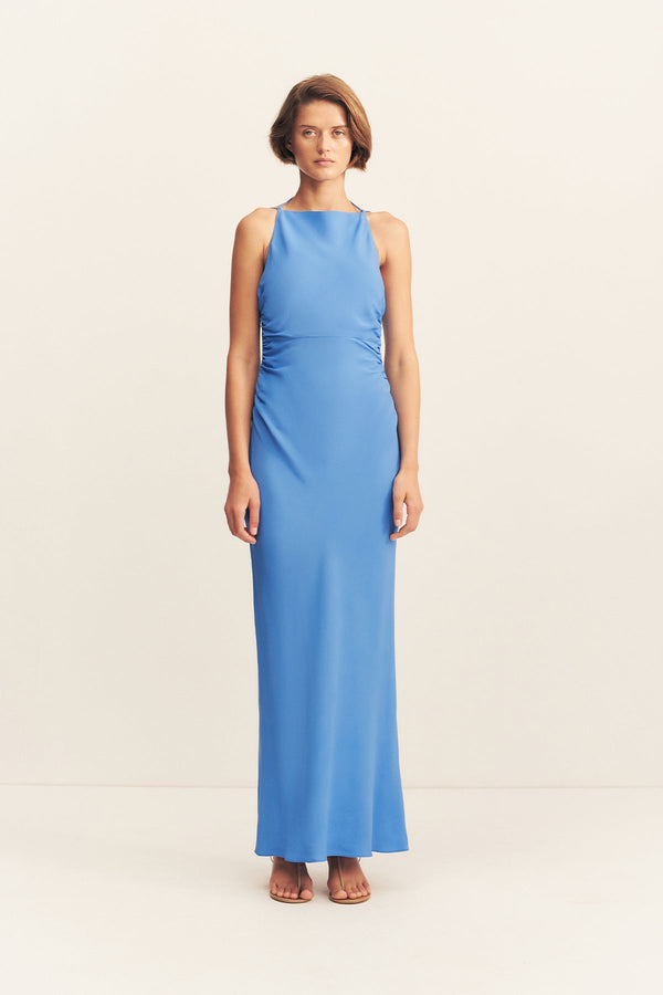 PIERCE HIGH NECK RUCHED MAXI DRESS - SONIC BLUE_F