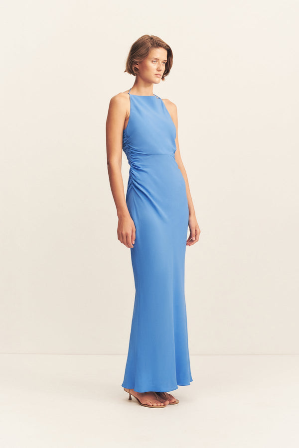 PIERCE HIGH NECK RUCHED MAXI DRESS - SONIC BLUE_A