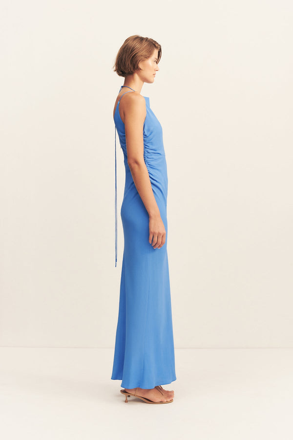 PIERCE HIGH NECK RUCHED MAXI DRESS - SONIC BLUE_S