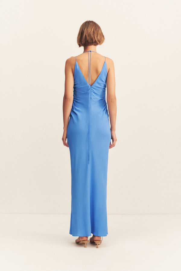 PIERCE HIGH NECK RUCHED MAXI DRESS - SONIC BLUE_B