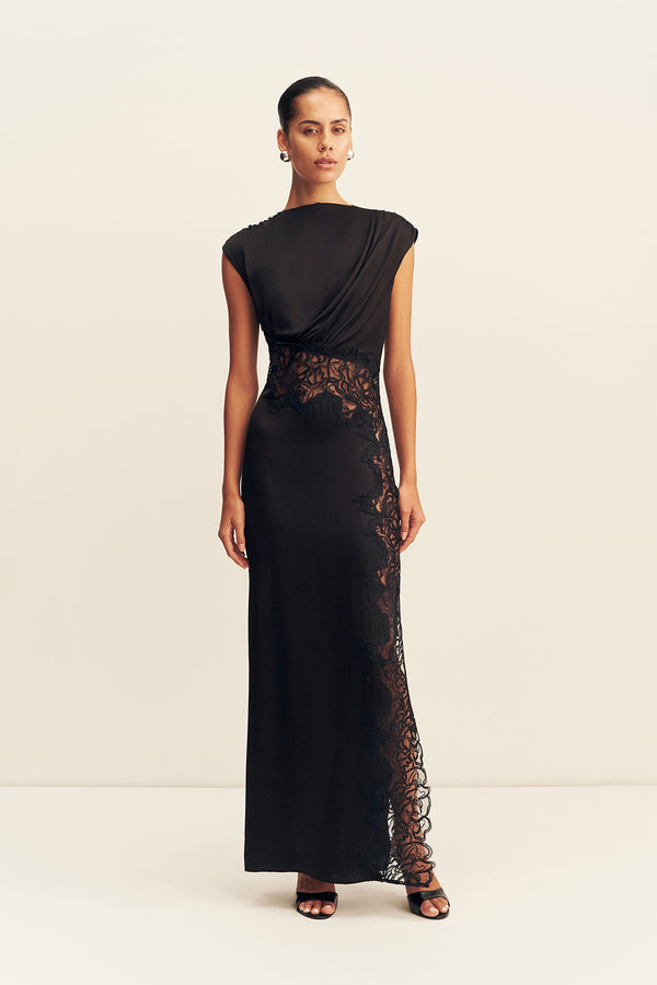 ENIKO LACE GATHERED MAXI DRESS - BLACK_F