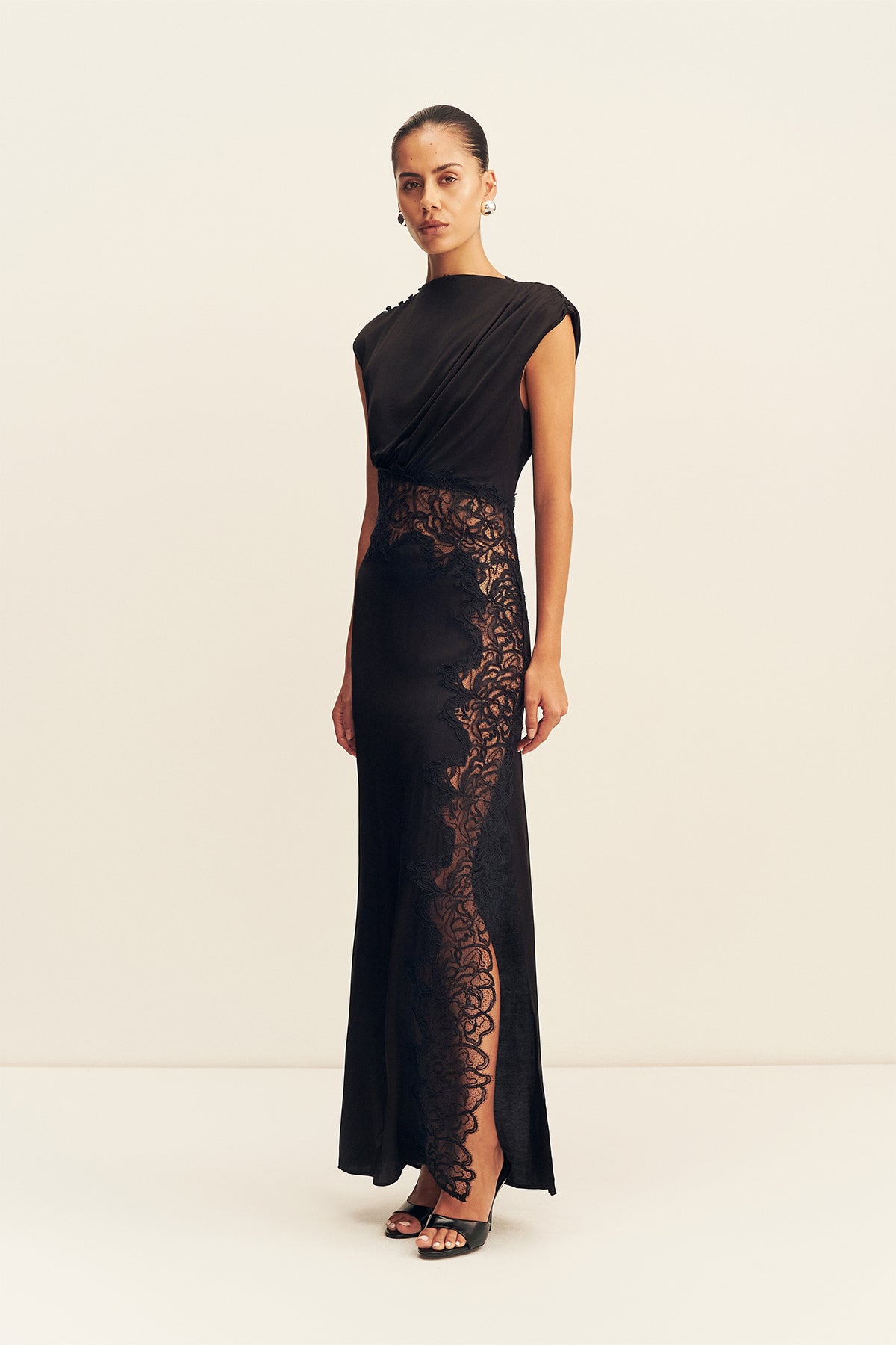 Eniko Lace Gathered Maxi Dress | Black | Dresses | Shona Joy
