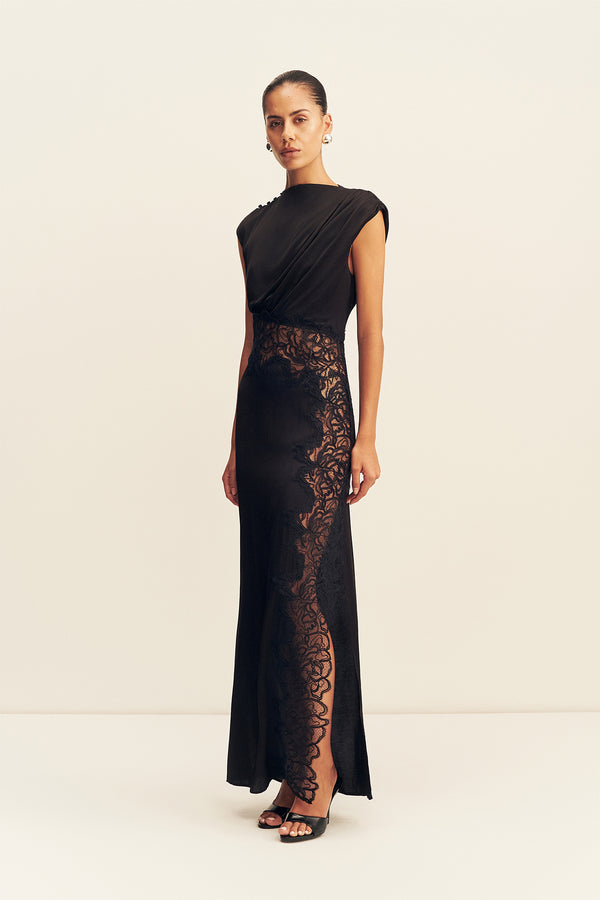 ENIKO LACE GATHERED MAXI DRESS - BLACK