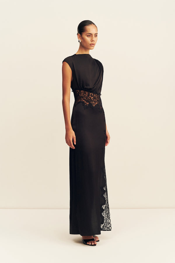 ENIKO LACE GATHERED MAXI DRESS - BLACK
