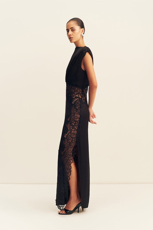 ENIKO LACE GATHERED MAXI DRESS - BLACK