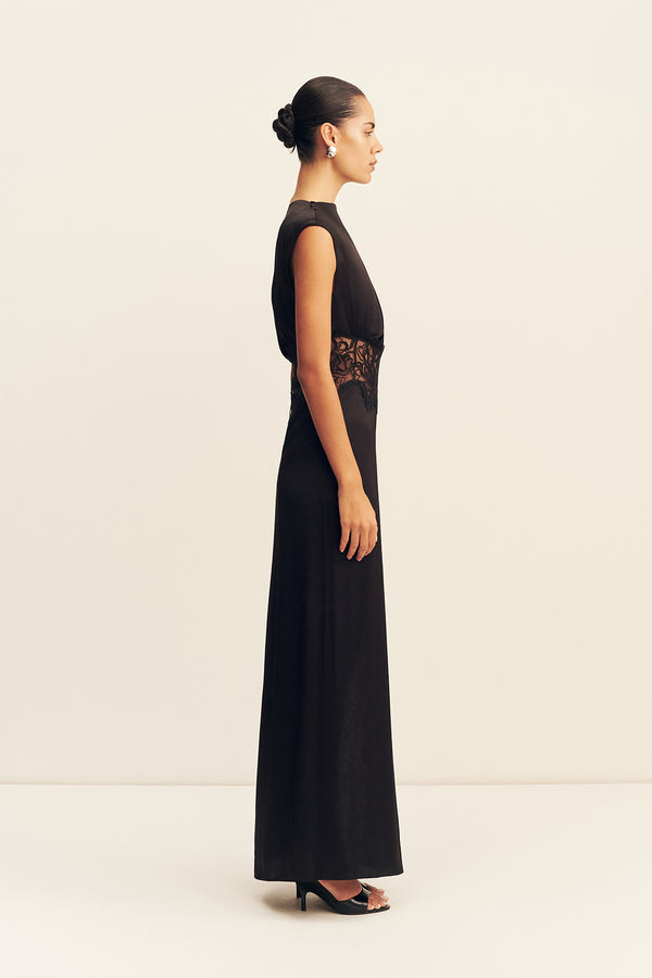 ENIKO LACE GATHERED MAXI DRESS - BLACK