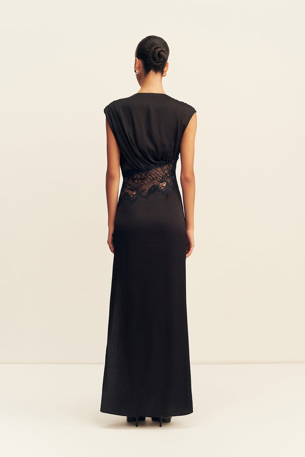 ENIKO LACE GATHERED MAXI DRESS - BLACK