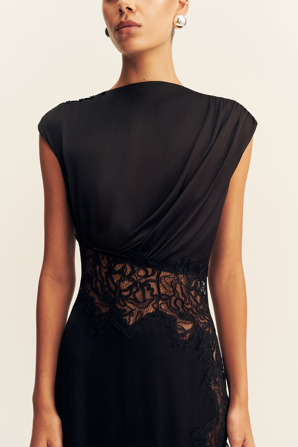 ENIKO LACE GATHERED MAXI DRESS - BLACK