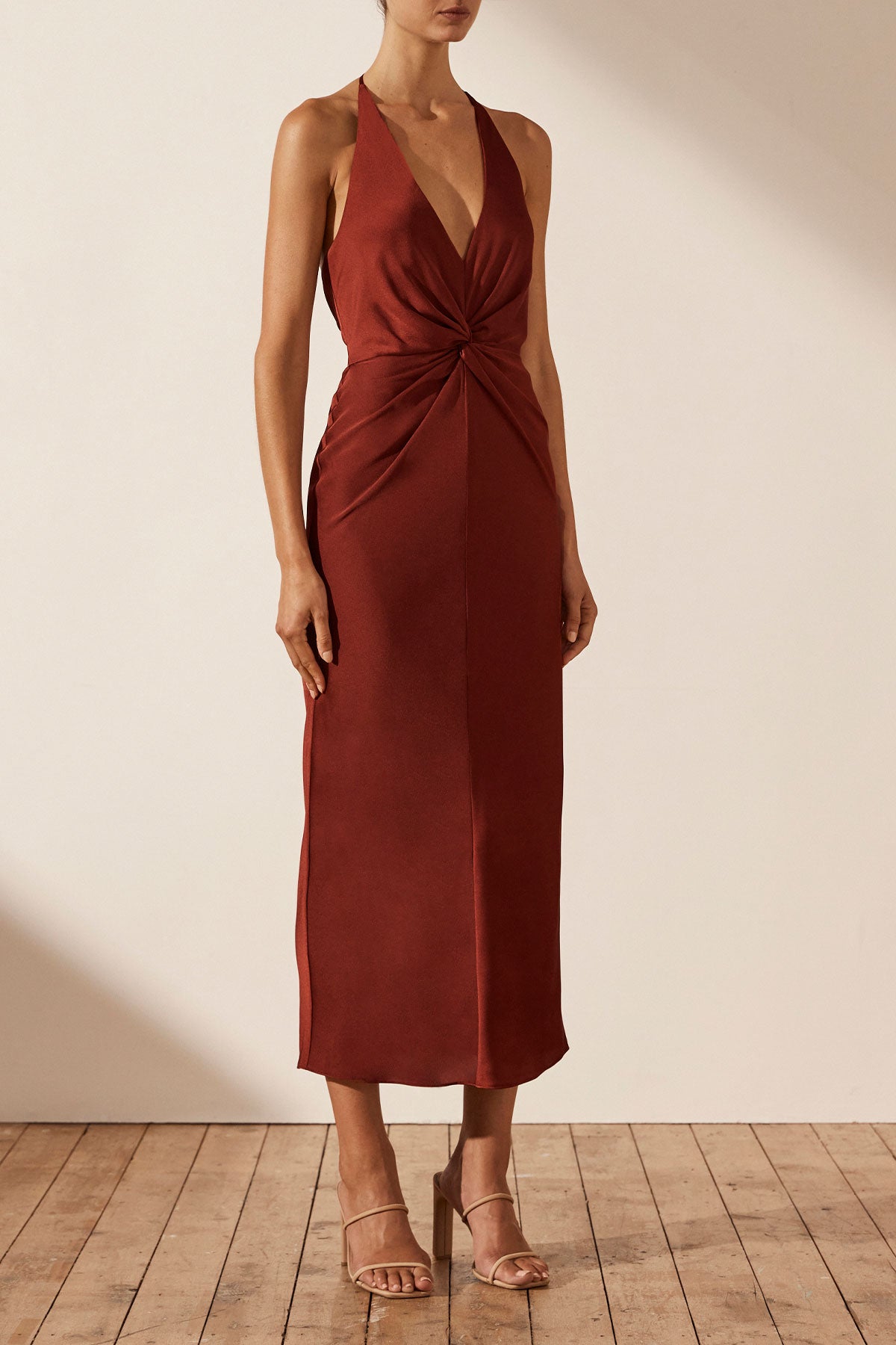 Luxe Twist Front Halter Midi Dress Sangria Dresses Shona Joy