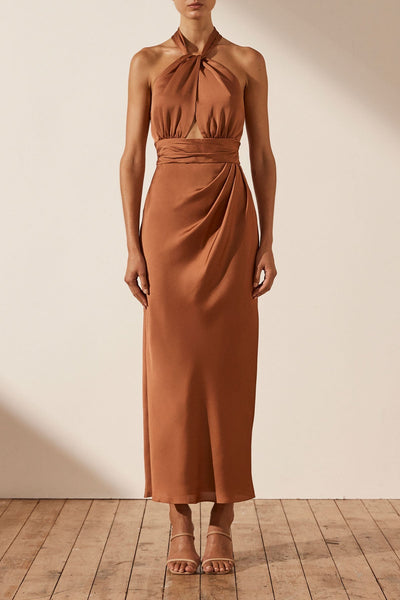 Luxe Gathered Halter Midi Dress, Mocha, Dresses