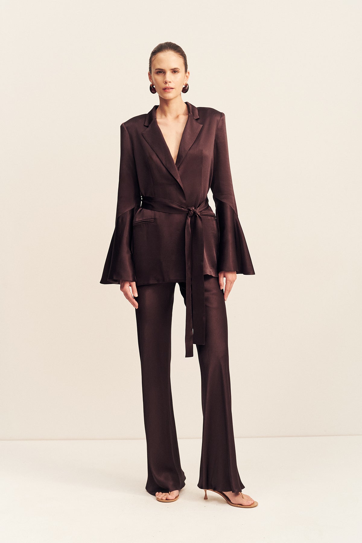 La Lune Flared Sleeve Belted Blazer | Espresso | Outerwear | Shona
