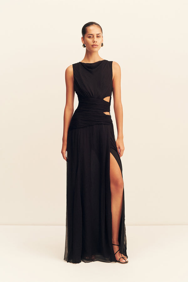 CLAUDE CUT OUT SIDE SPLIT MAXI DRESS - BLACK_F