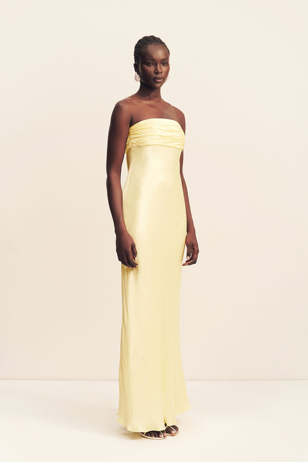 LA LUNE STRAPLESS RUCHED BODICE MAXI DRESS - LEMON