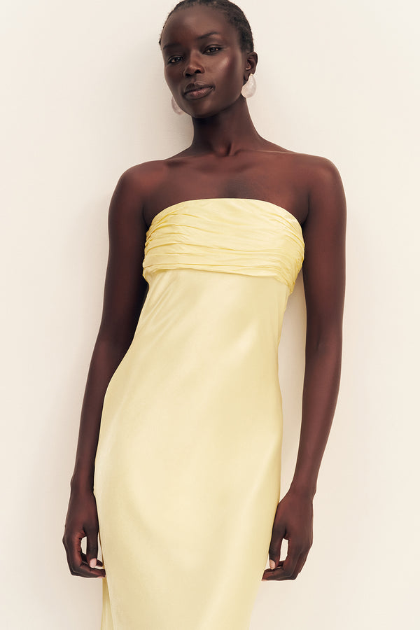 LA LUNE STRAPLESS RUCHED BODICE MAXI DRESS - LEMON