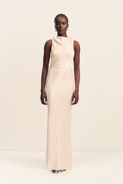 la lune asymmetrical gathered maxi dress - cream La Lune High Neck Maxi Dress | Cream | Dresses