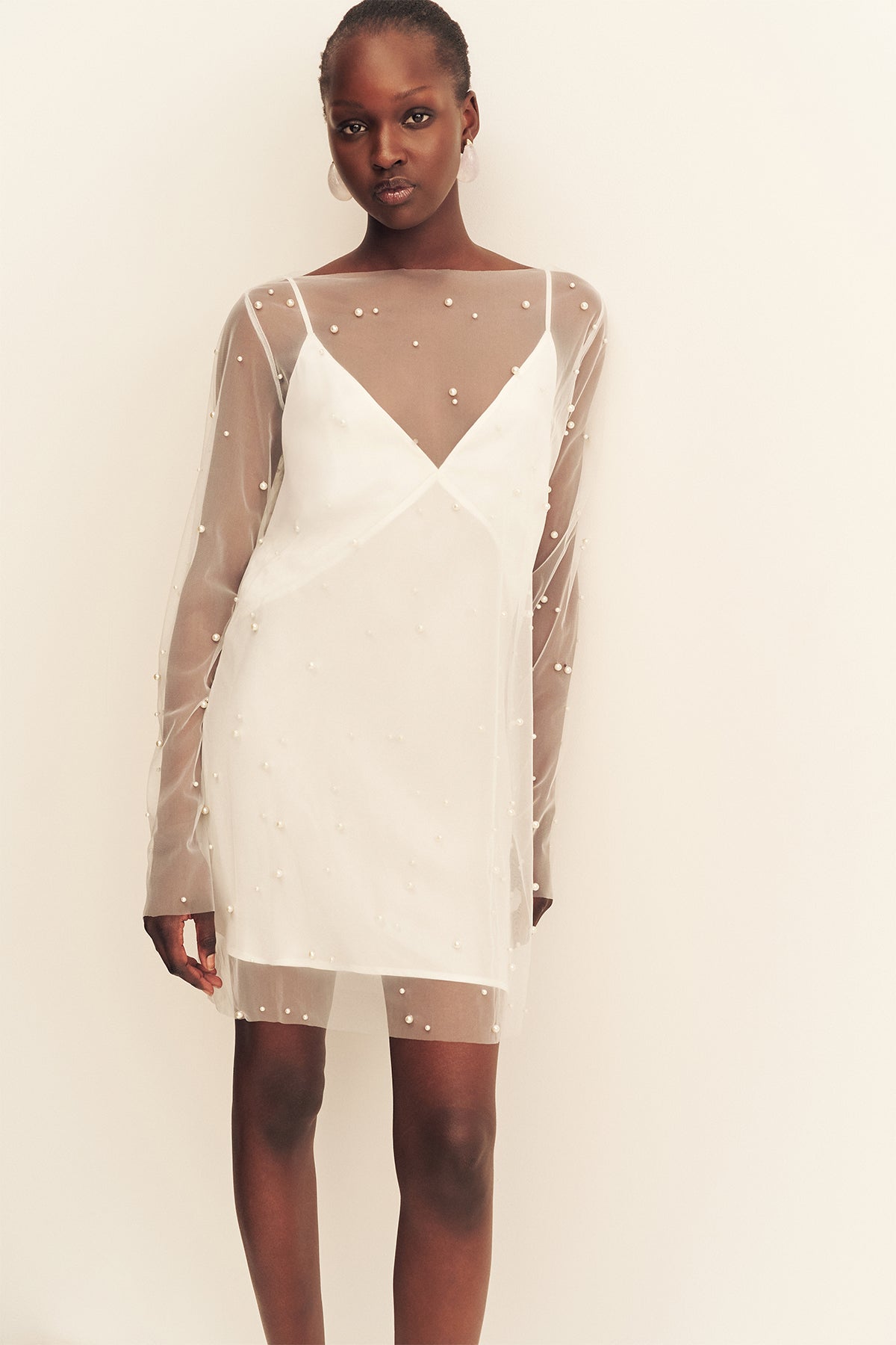 Opaline Sheer Pearl Mini Dress | Ivory | Dresses | Shona Joy