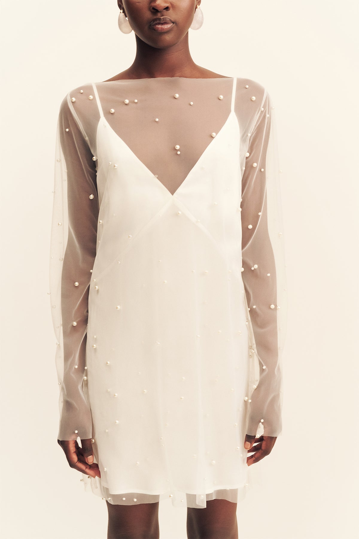 Opaline Sheer Pearl Mini Dress | Ivory | Dresses | Shona Joy