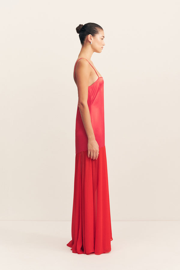 MORAYA DROPPED WAIST MAXI DRESS - CHILLI