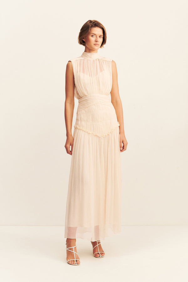 CLEMENCE HIGH NECK MIDI DRESS - CREAM_F