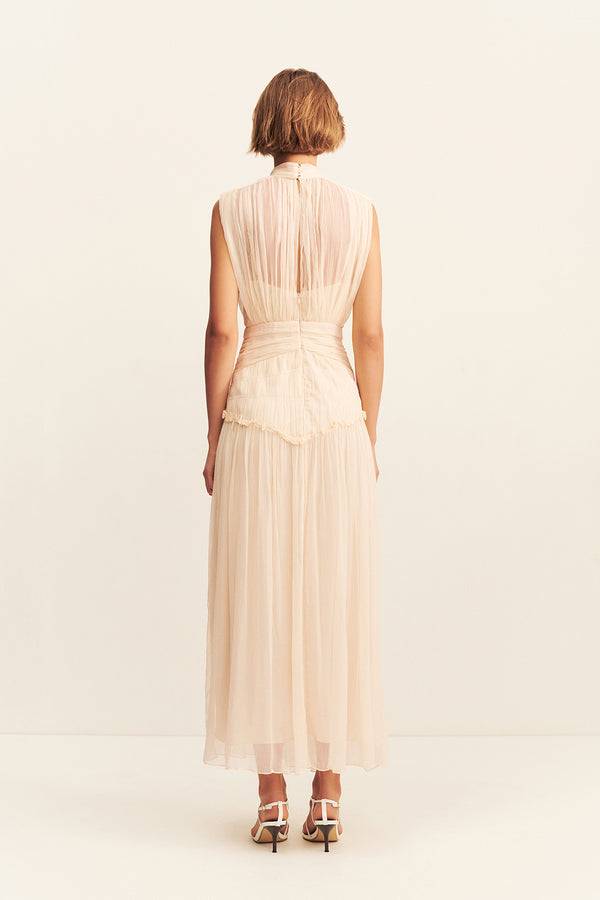 CLEMENCE HIGH NECK MIDI DRESS - CREAM