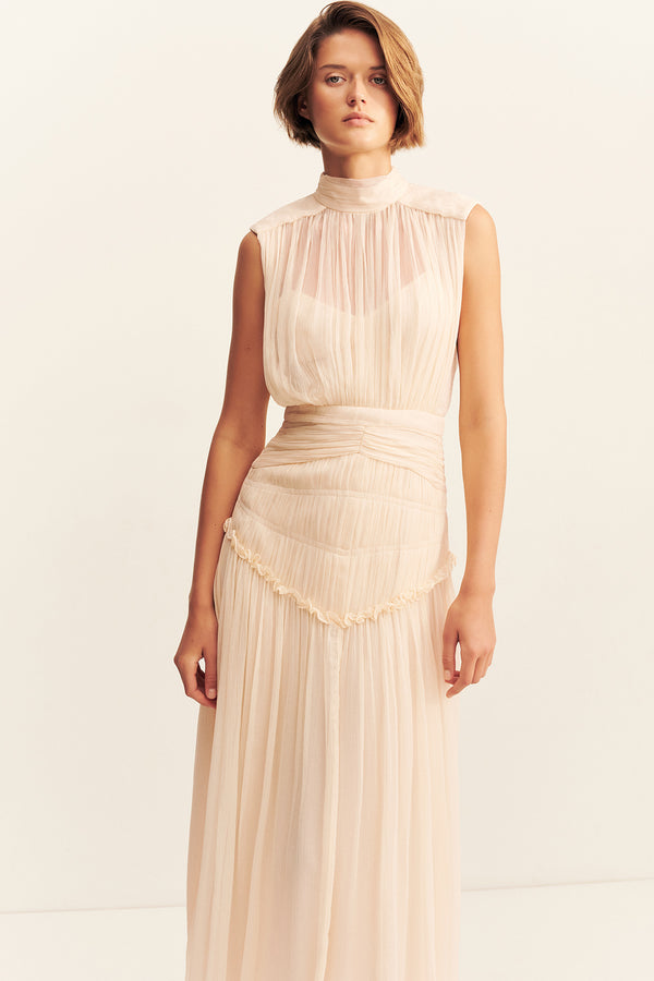 CLEMENCE HIGH NECK MIDI DRESS - CREAM