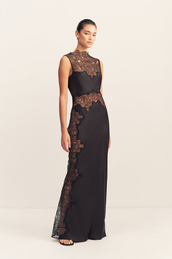 JAMILA LACE HIGH NECK MAXI DRESS - BLACK