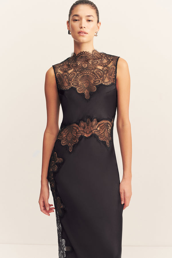 JAMILA LACE HIGH NECK MAXI DRESS - BLACK