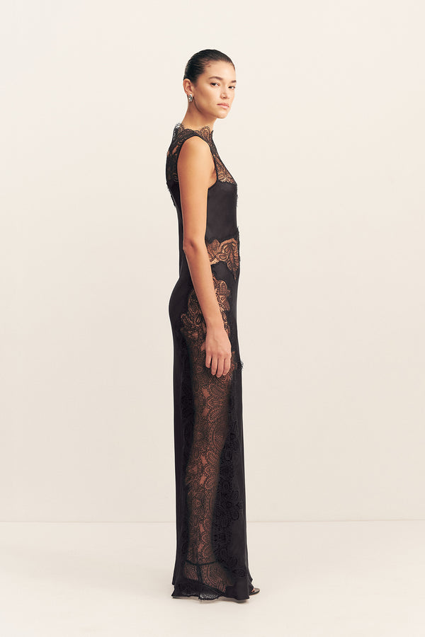 JAMILA LACE HIGH NECK MAXI DRESS - BLACK