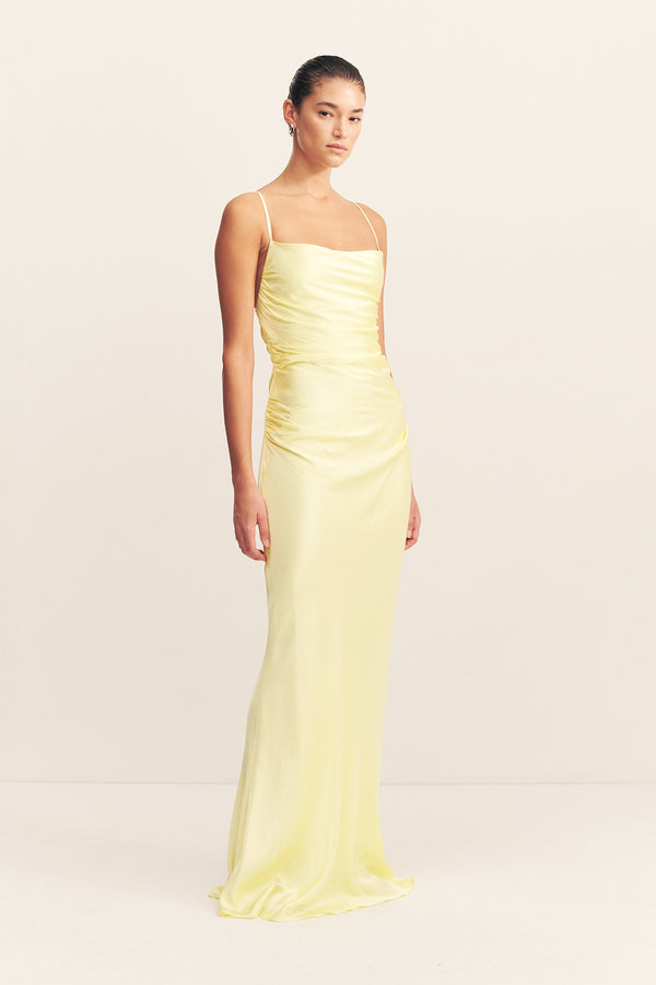 Strapless Satin Open Back Maxi Dress In Gold La Lune Lace Back Maxi Dress | Lemon Strapless Satin Open Back Maxi Dress In Gold La Lune Lace Back Maxi Dress | Lemon