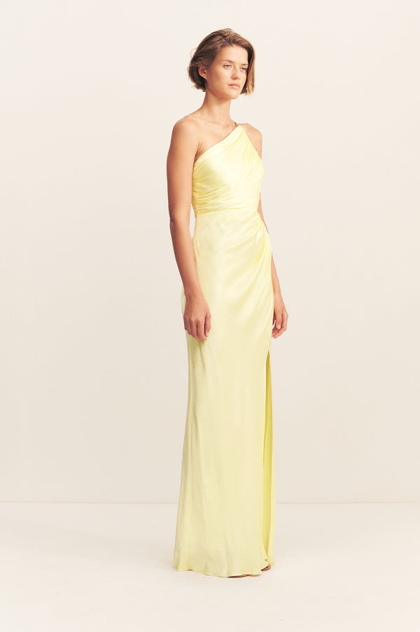LA LUNE ASYMMETRICAL GATHERED MAXI DRESS - LEMON