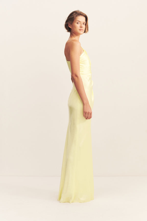 LA LUNE ASYMMETRICAL GATHERED MAXI DRESS - LEMON