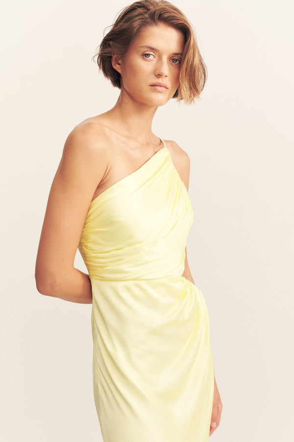 LA LUNE ASYMMETRICAL GATHERED MAXI DRESS - LEMON