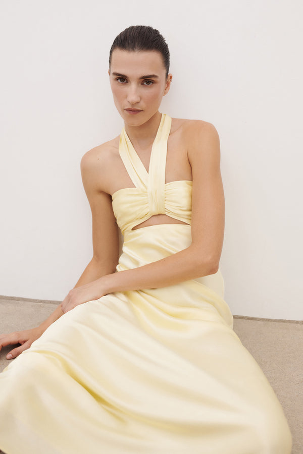 LA LUNE RUCHED HALTER MAXI DRESS - LEMON