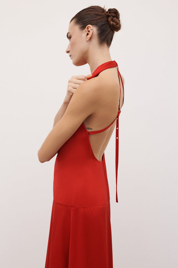 SAVANNA HALTER OPEN BACK MAXI DRESS - CHILLI