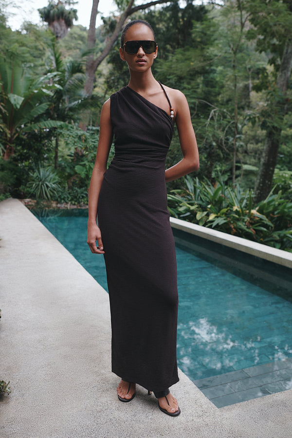 BEAU GATHERED ASYMMETRICAL MIDI DRESS - ESPRESSO