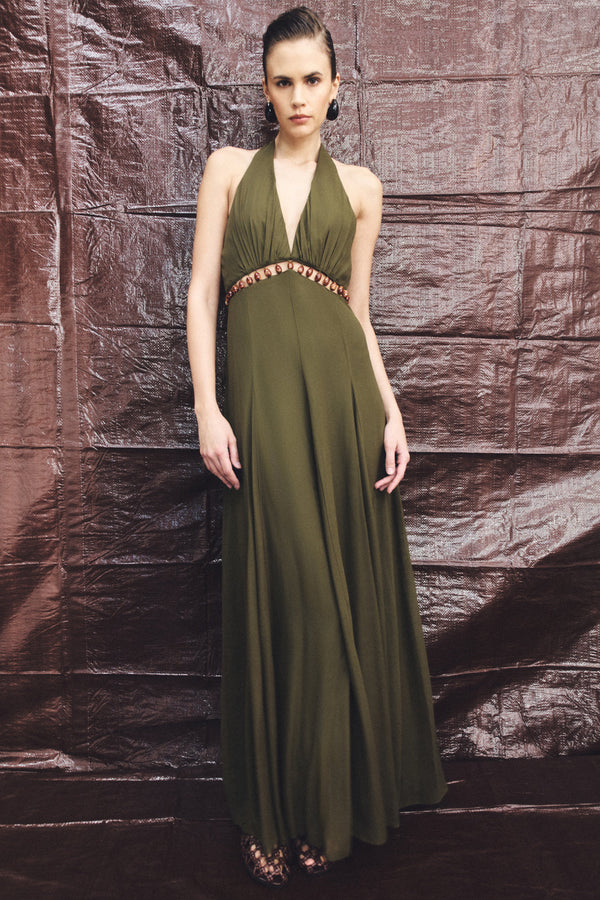 JUNO BEADED PLUNGED MAXI DRESS - JUNGLE