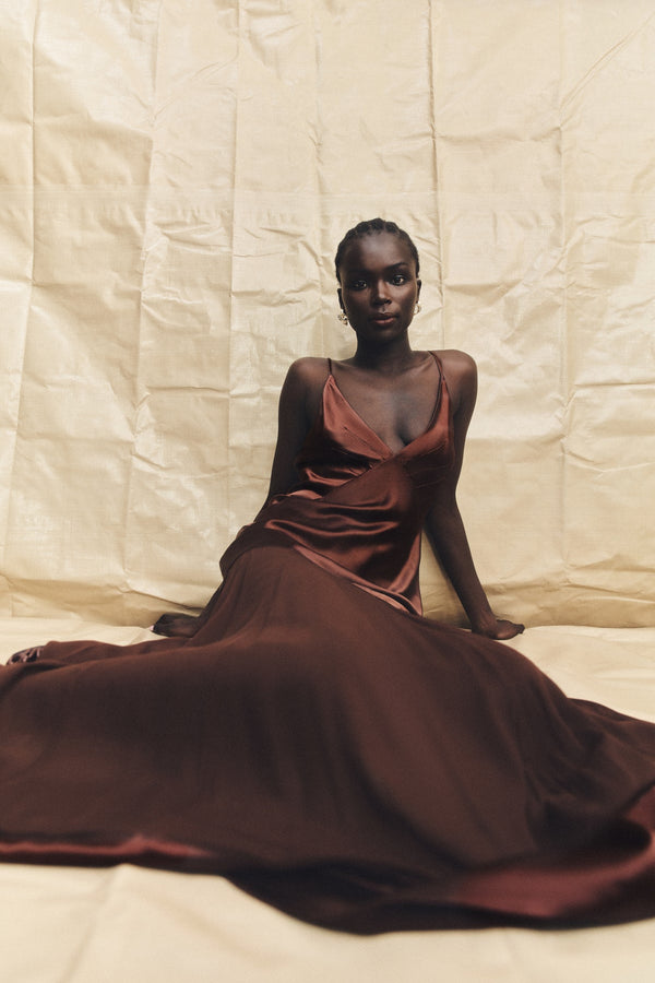 MORAYA PLUNGED MAXI DRESS - COFFEE