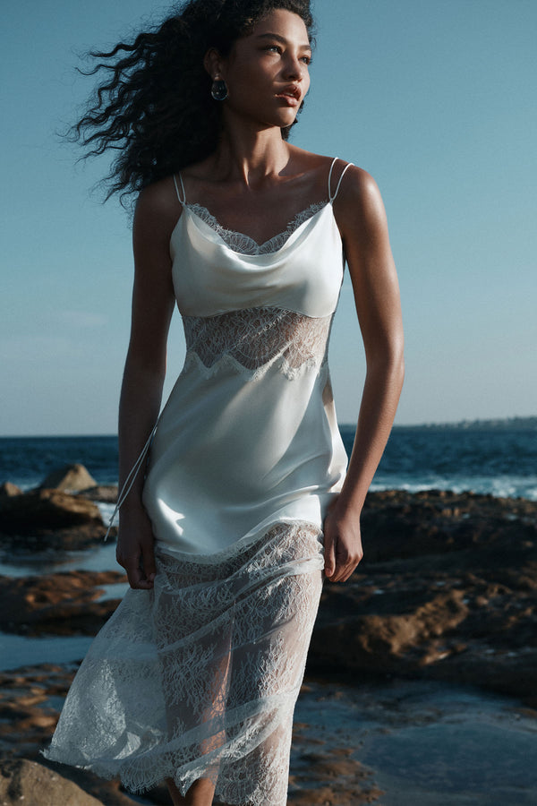 LA LUNE CUMULUS SILK LACE MAXI DRESS - IVORY