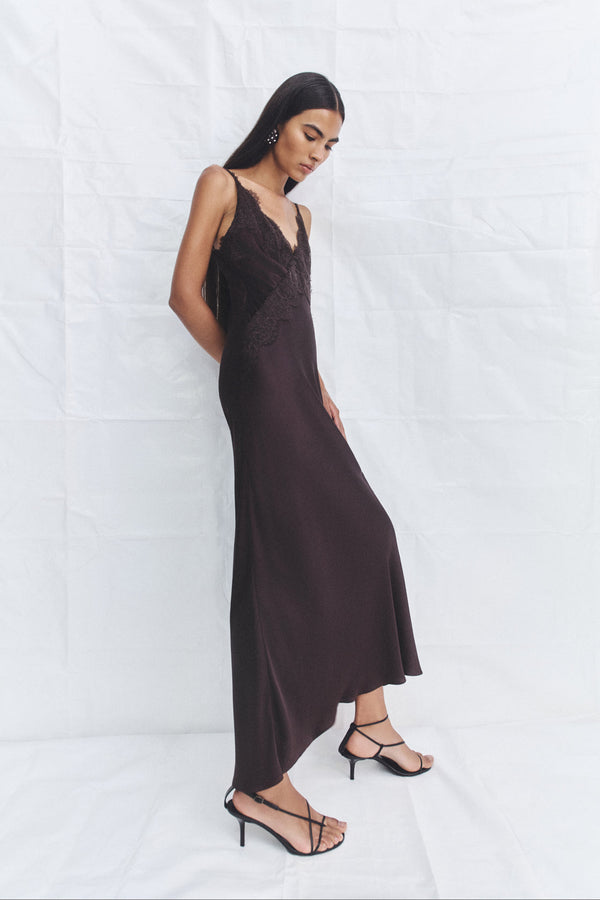 SIMONA LACE SLIP MAXI DRESS - ESPRESSO